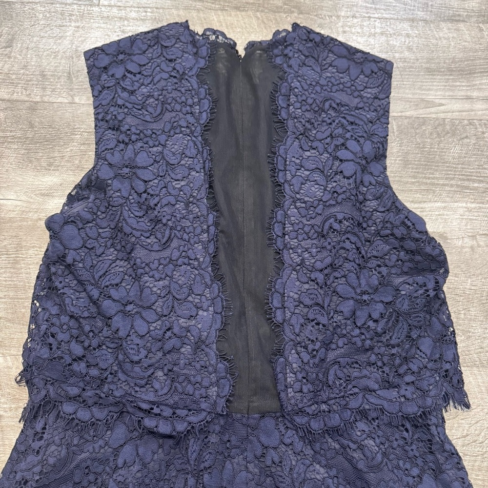 Betsy Johnson Navy Blue Lace Knee Length Dress Sz. 14 Small Mesh Back Lined - Picture 4 of 8